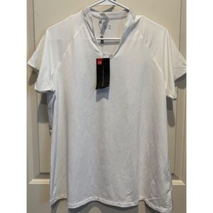 Under Armour Women Threadborne HeatGear Golf Polo Shirt White Split V-Neck Large